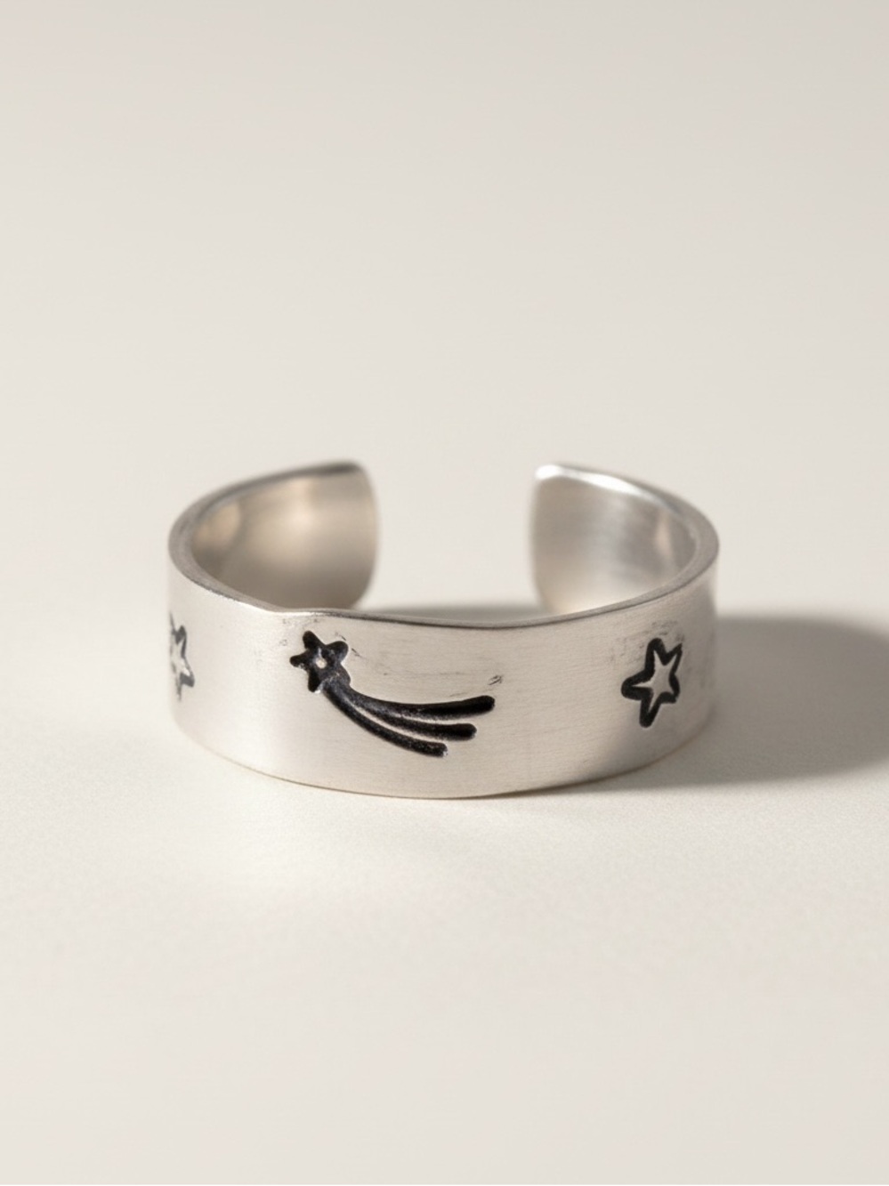 Handmade stamped‎ shooting star silver hypoallergenic adjustable cuff Ring